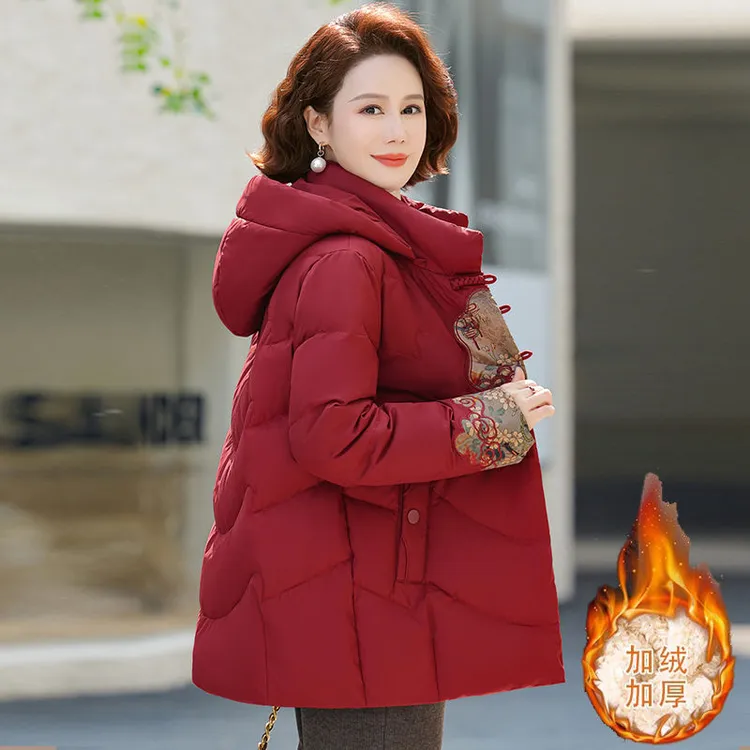 妈妈冬装国风棉衣新中式加绒加洋气连帽中老年女棉服大码保暖外套