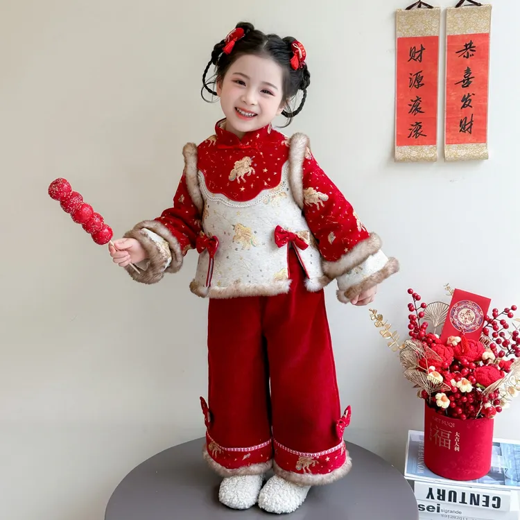 女童拜年服国风套装女宝夹棉加厚保暖冬装2025新中式儿童唐装年服