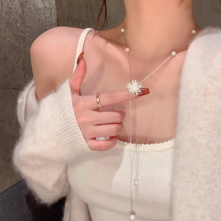 合金项链 韩系银色烟花珍珠流苏项链女轻奢高级感长款颈链可抽拉