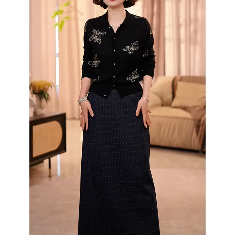 轻奢妈妈装减龄裙套装女2025秋季新款慵懒百搭长袖针织衫+半身裙