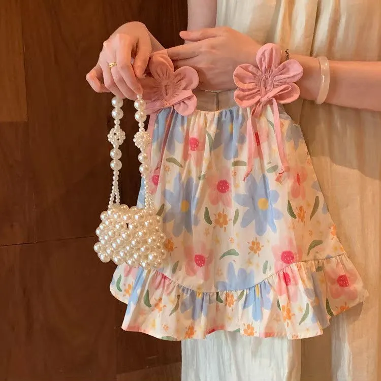 女童度假背心裙夏季2025新款小童女宝宝洋气碎花连衣裙公主风外穿