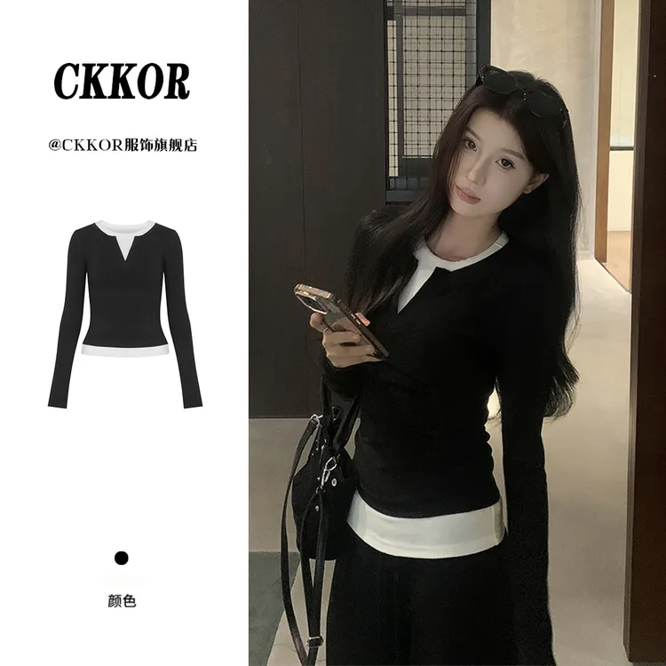 CKKOR肯豆风时尚气质设计感长袖上衣春秋新款假两件打底衫女内搭 