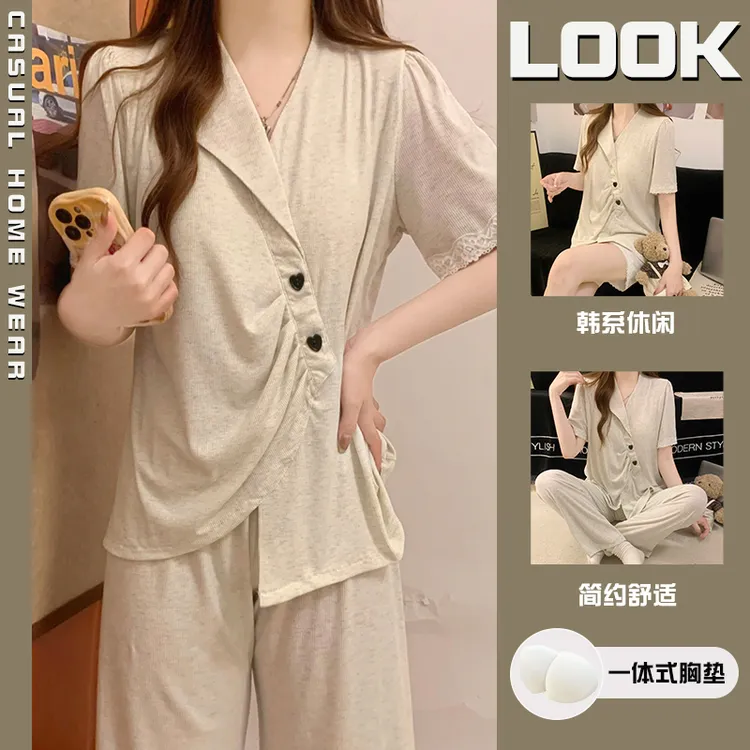 短袖长裤睡衣女款夏季针织棉2025新款宽松休闲带胸垫浅灰两三件套