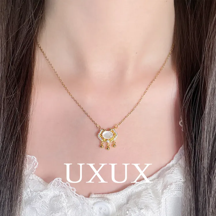 UXUX 钛钢项链 金色平安锁项链女新中式民族风轻奢小众高级锁骨链