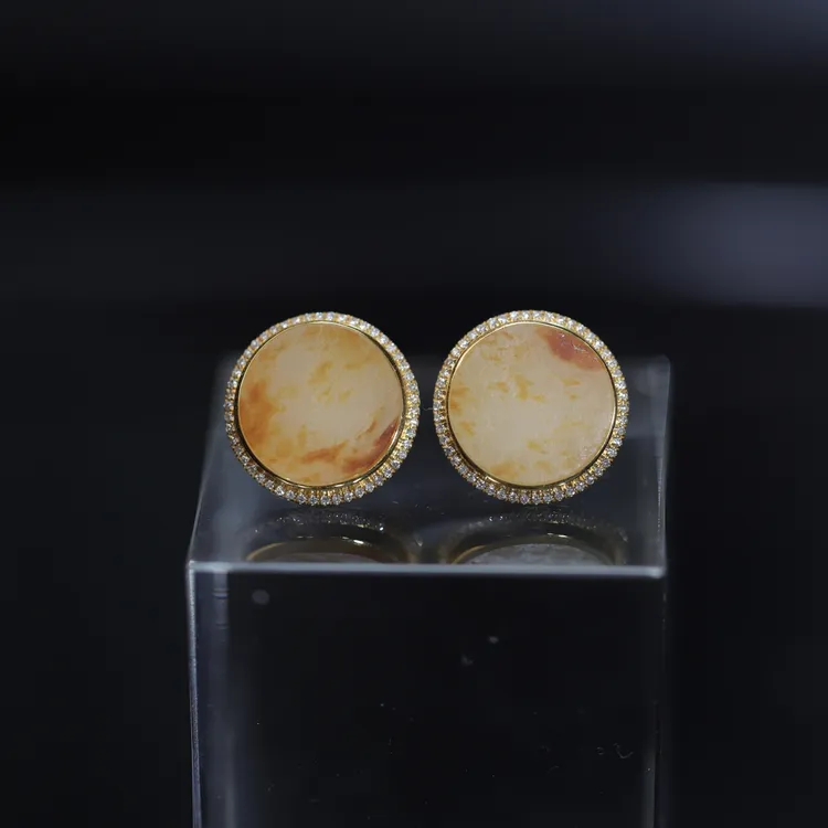 新疆和田玉圆耳钉18K金耳饰