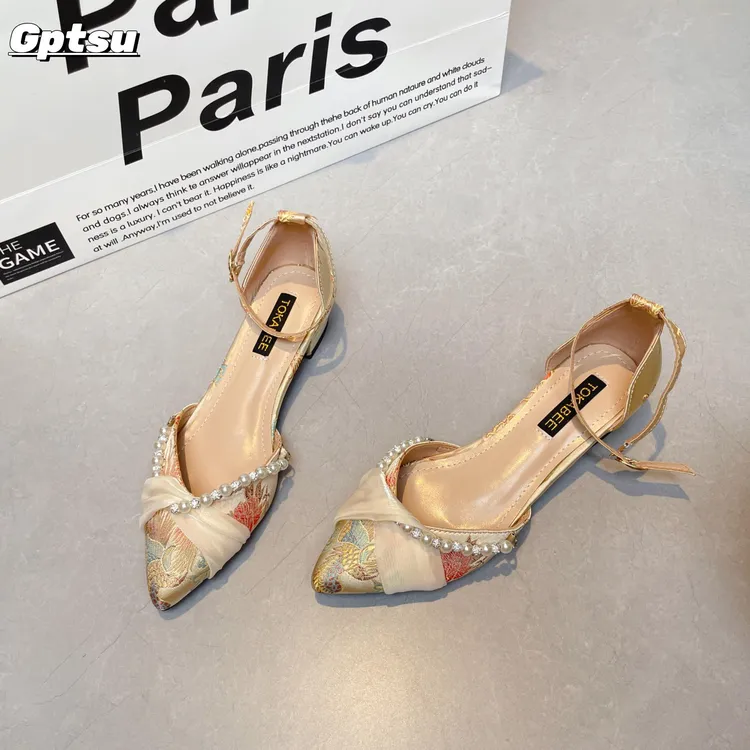 GPTSu大码百搭新中式国风刺绣珍珠一字扣粗跟凉鞋女夏配旗袍单鞋