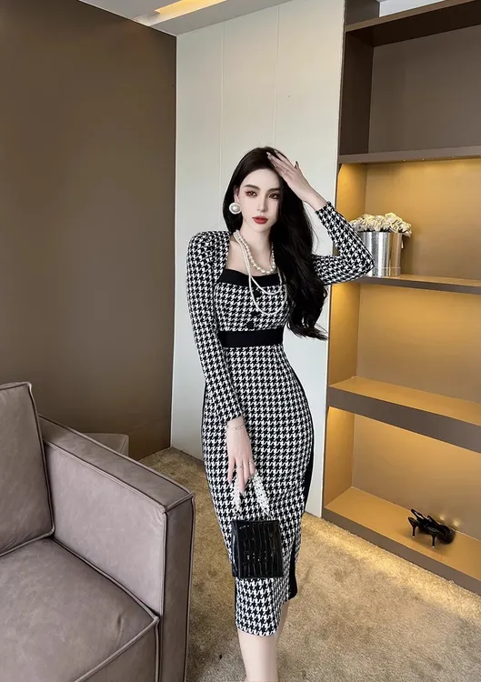 小香风黑色女秋季高级感优雅气质方领千鸟格修身显瘦包臀裙3489#