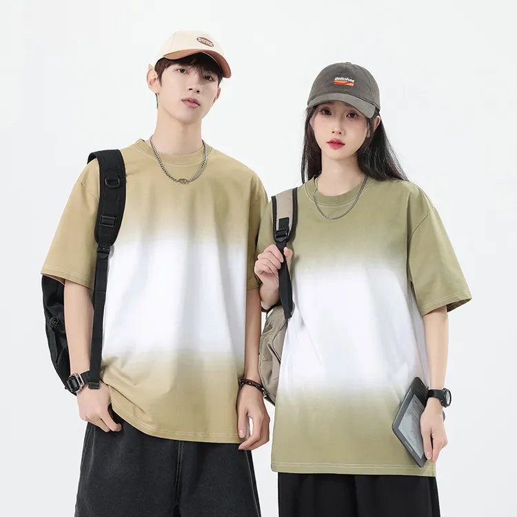 雅鹿男装短袖圆领常规渐变夏季吊染休闲T恤上衣纯色百搭迷彩风