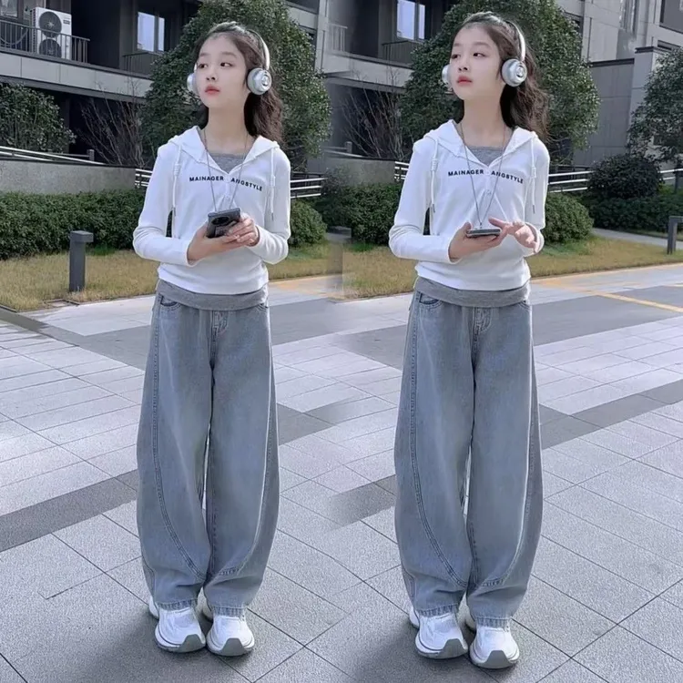 女童套装2025春季新款百搭帽衫时尚中大童洋气牛仔弯刀裤两件套潮