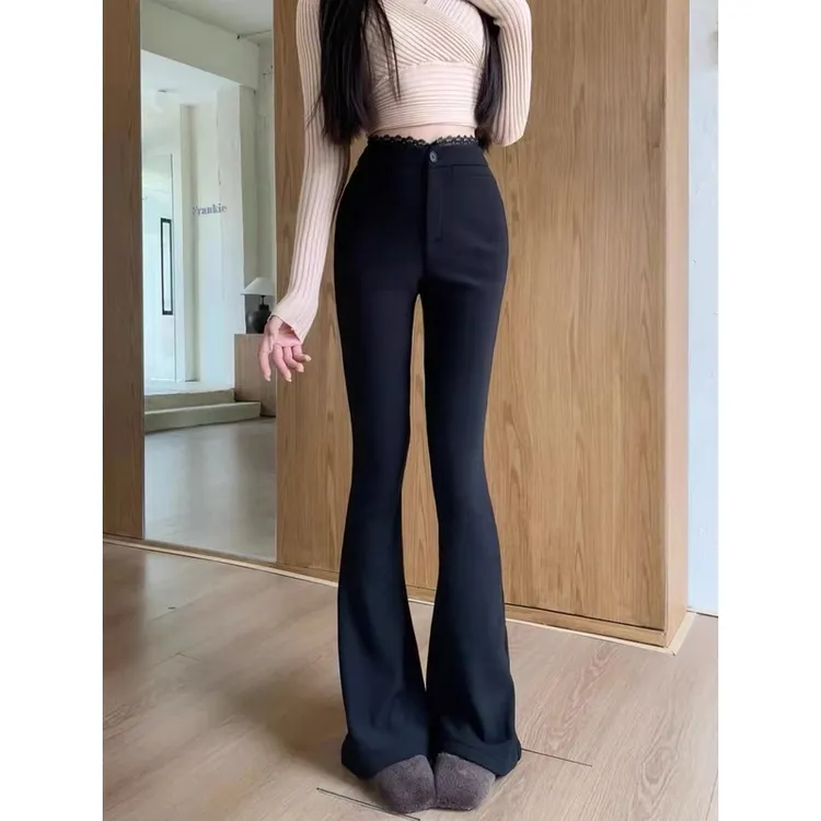 2025新款黑色微喇西装裤子女春秋季小个子蕾丝高腰显瘦马蹄喇叭裤