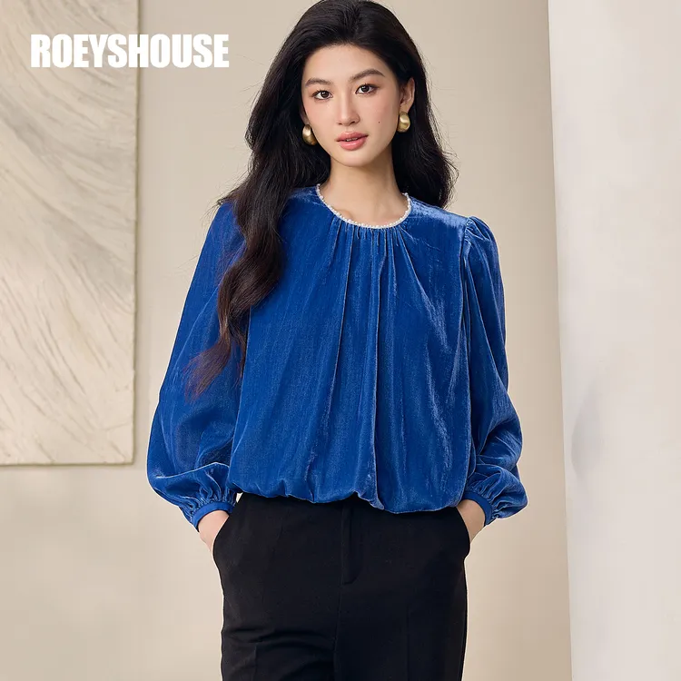 【RH】罗衣法式时尚丝绒衬衣2025秋季新款复古淑女泡泡袖上衣12751