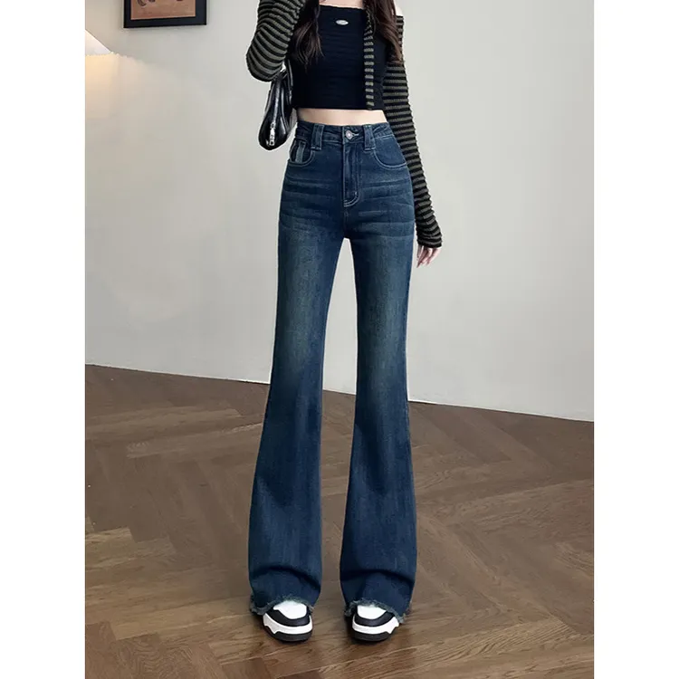 复古蓝毛边微喇叭牛仔裤女秋季新款马蹄裤弹力高腰显瘦辣妹拖地裤