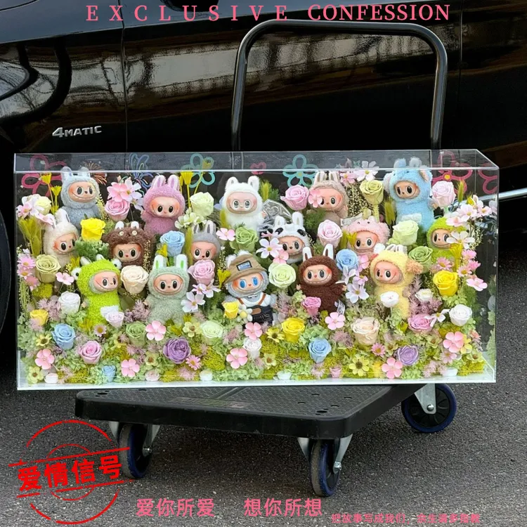 六一拉布布永生花Labubu小布天使玩偶真花摆件520七夕送女友