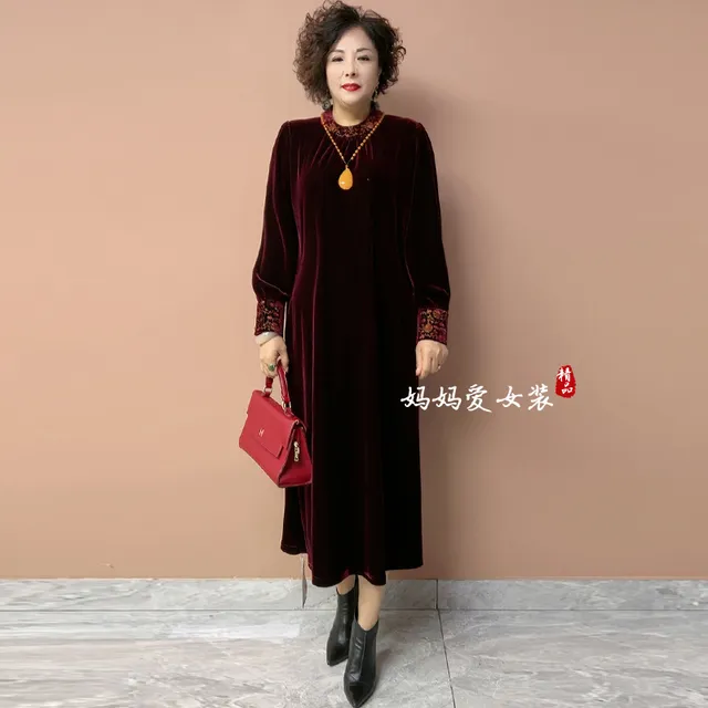 丝绒旗袍连衣裙女2025秋冬新款高贵气质妈妈宽松大码显瘦打底长裙