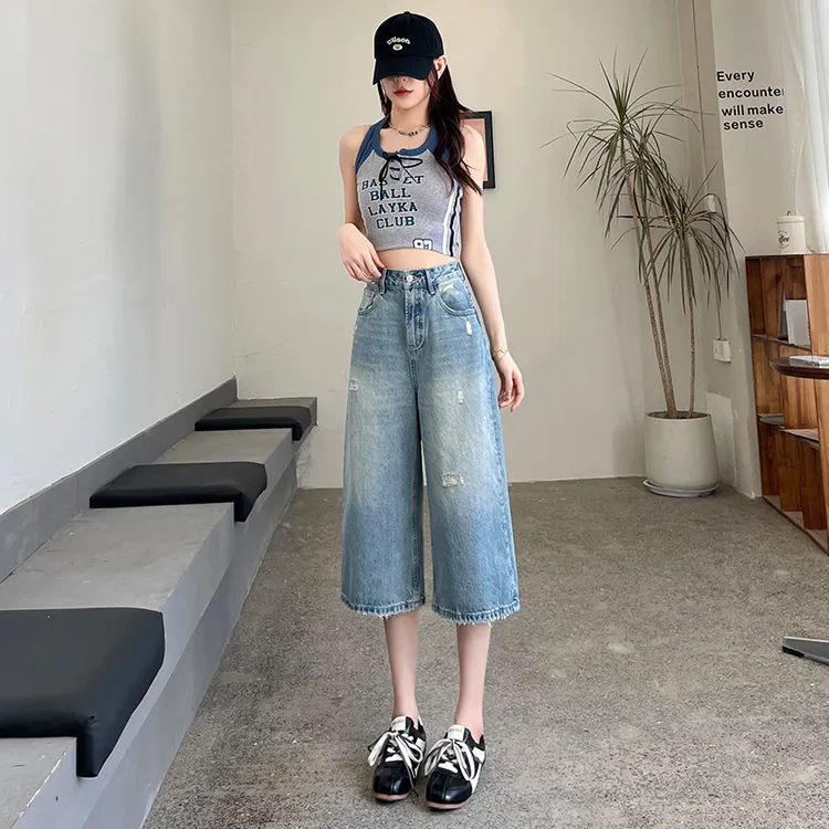 阔腿七分牛仔裤女夏季薄款2025松弛感慵懒风过膝破洞直筒六分中裤