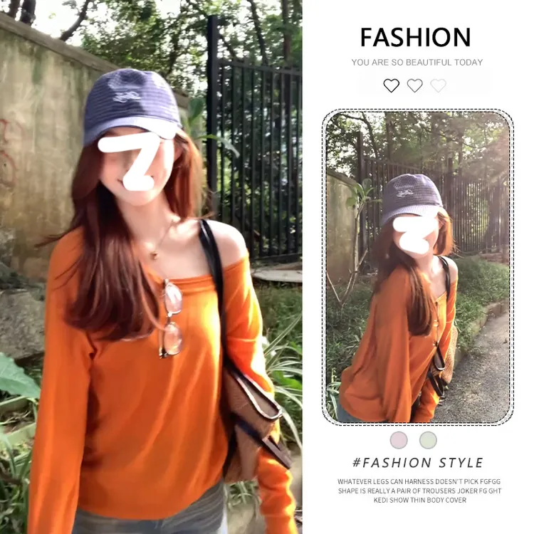 今年流行的爆款法式绝美斜肩长袖T恤秋女装慵懒宽松打底针织上衣