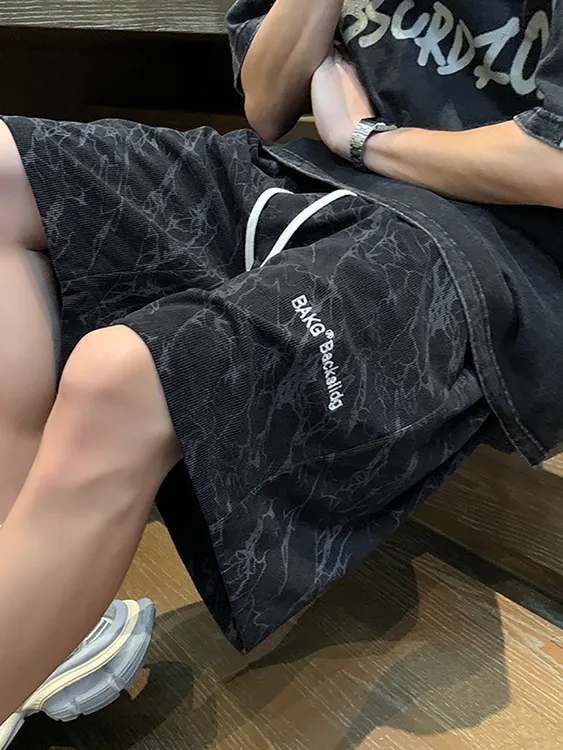 美式扎染直筒刺绣短裤男士夏季潮流百搭五分裤外穿设计感休闲裤子