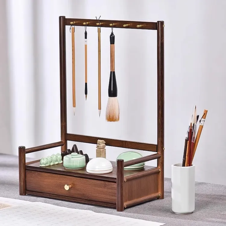 新中式多功能抽屉笔挂书法专用挂毛笔的笔架复古精致实木毛笔挂架