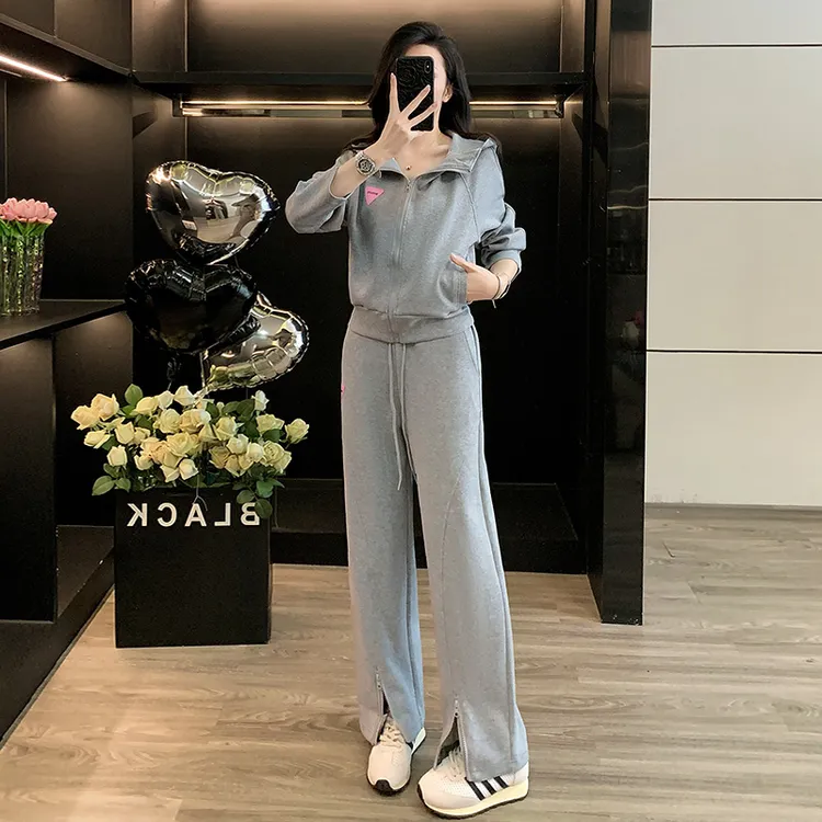 巨好看灰色休闲运动套装女秋韩系超火连帽卫衣外套拉链开叉阔腿裤