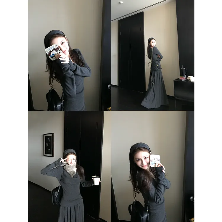 Skk Store '茶香可颂'100美利奴羊毛纯欲荡领针织上衣半裙