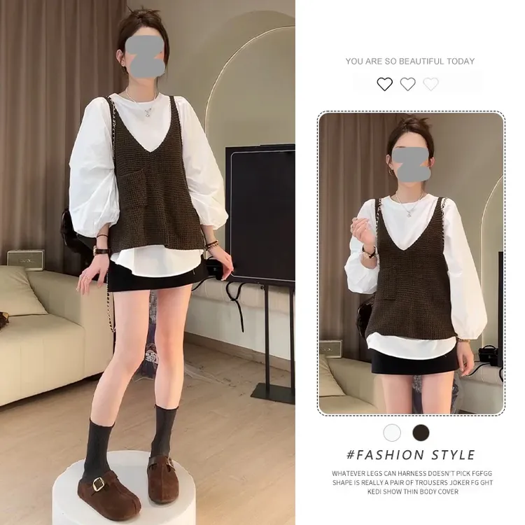 韩系独特超好看套装V领针织马甲衬衫两件套宽松叠穿女秋无袖坎肩