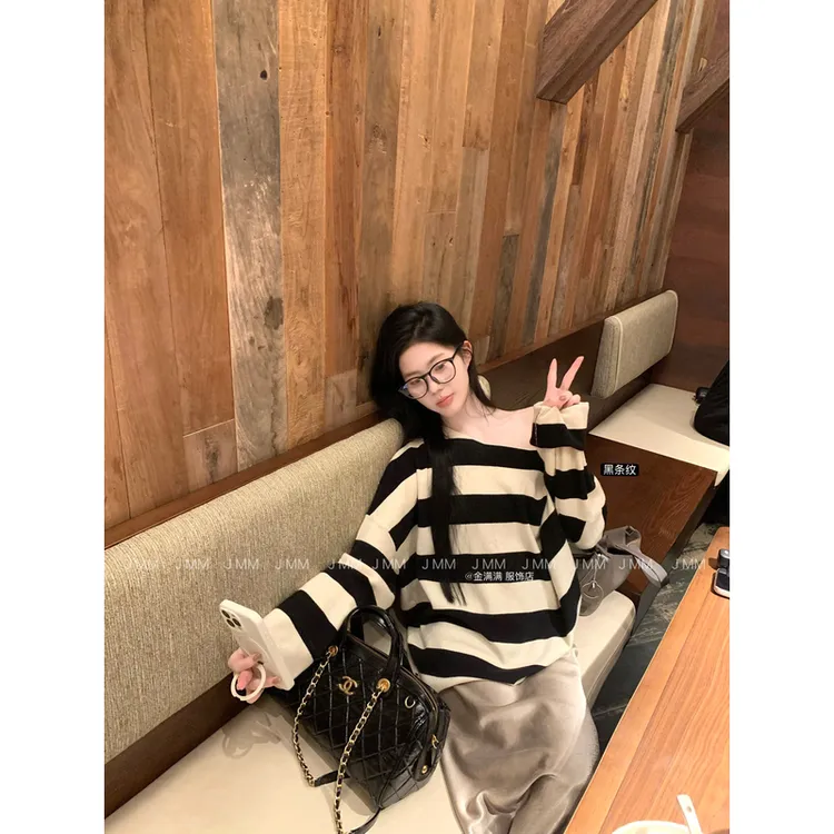 （6668）实拍新品高品质高级显瘦时尚慵懒感长袖针织宽松上衣气质