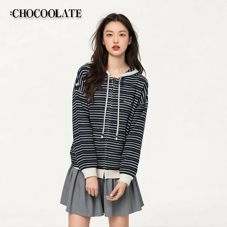 it：CHOCOOLATE撞色条纹连帽针织开衫外套6163-1330315