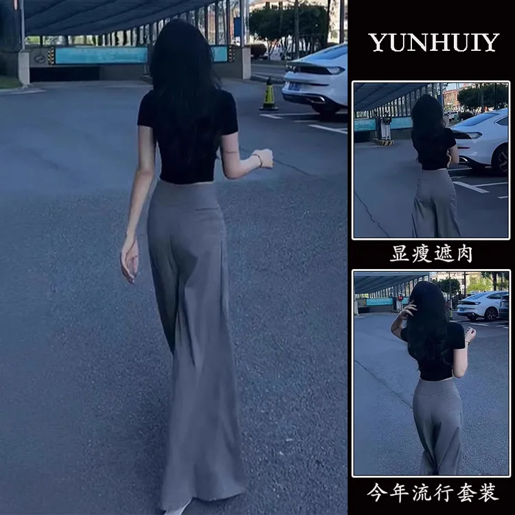 时尚套装女夏季新款圆领短袖T恤上衣高腰垂感阔腿西装裤裤两件套