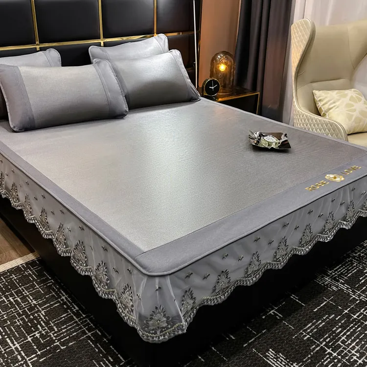 清凉感冰藤席床裙三件套A类纯色加厚加密花边冰丝凉席床罩空调席