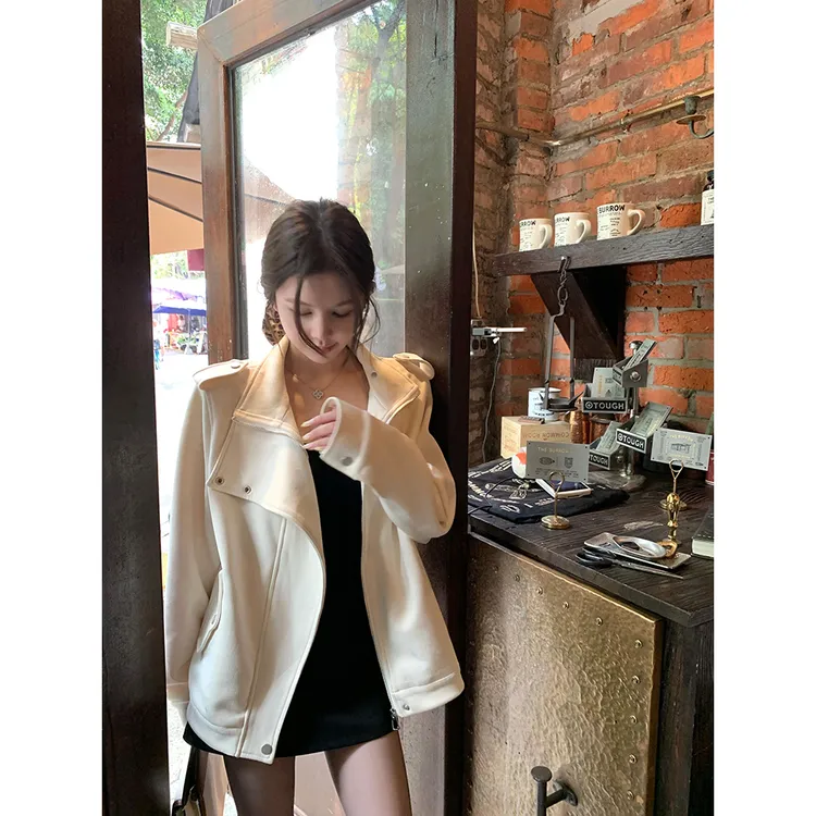 杏色立领长袖麂皮外套女装秋季新高级感宽松气质休闲夹克拉链上衣