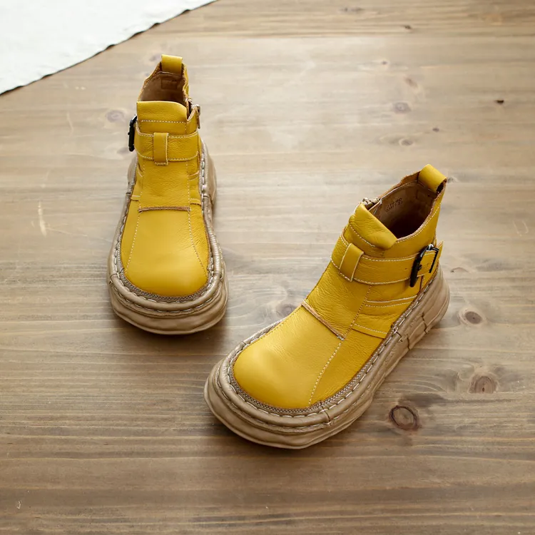 60森系复古文艺牛皮切尔西靴厚底保暖拉链大头马丁靴手工显瘦短靴