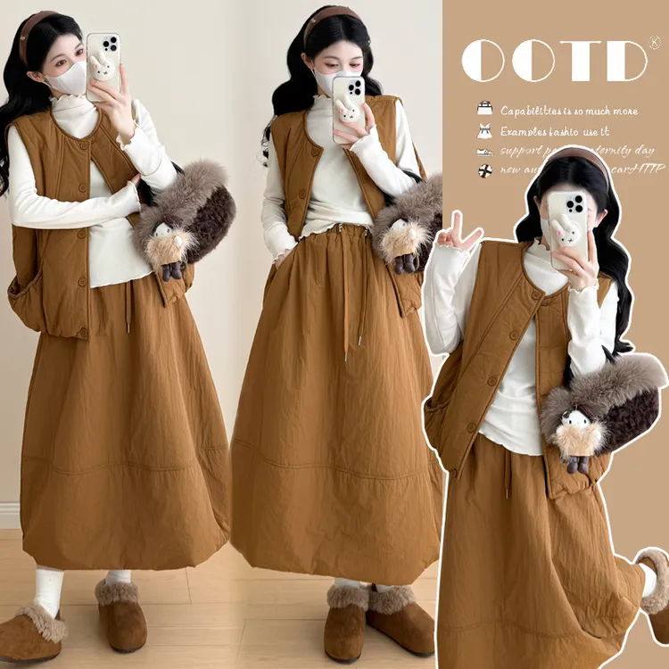 2025秋冬新款韩版秋冬夹棉马甲外套长裙套装高品质时髦显瘦孕妇装