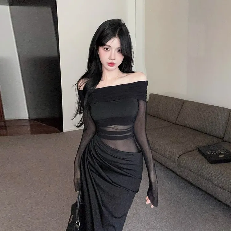 网纱一字肩网纱长款修身连衣裙2025春夏新款法式心机女装包臀裙潮