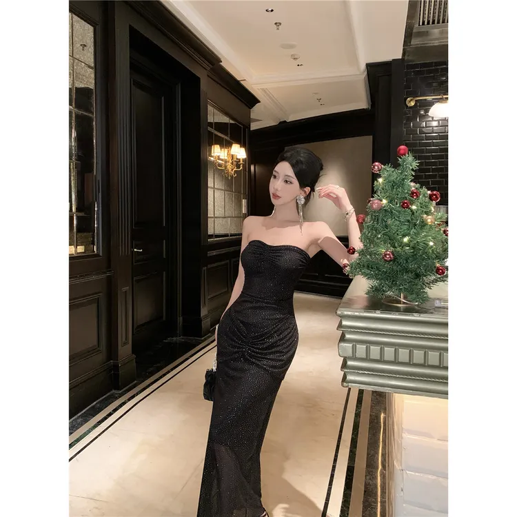 法式设计感褶皱纯欲烫钻抹胸连衣裙女时尚气质亮闪闪晚礼服长裙子