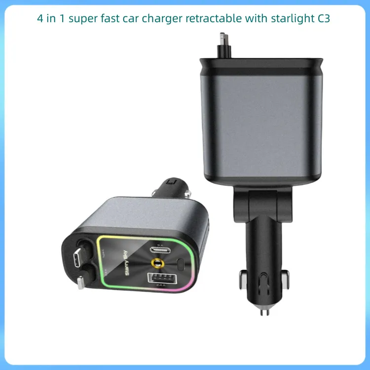 跨境车载充电器C3 星空气氛灯四合一伸缩线点烟器多功能Starlight