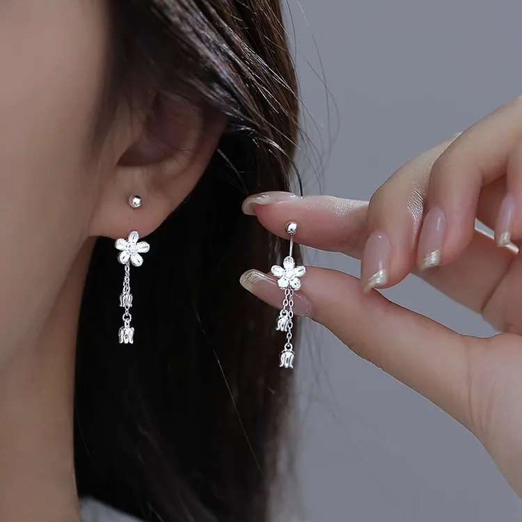 足银耳饰 999纯银铃兰花朵流苏耳环女螺丝拧扣小清新超仙足银耳饰