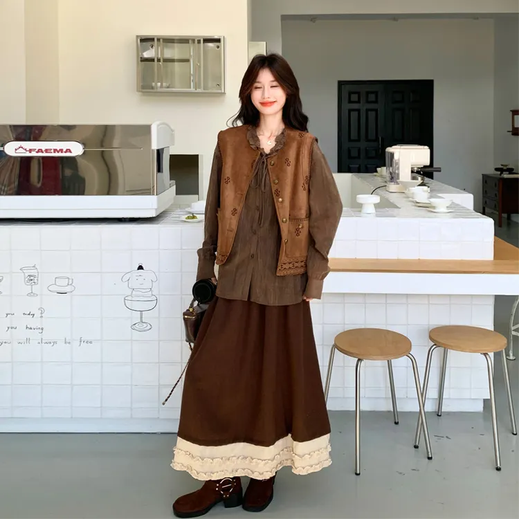 氛围感美拉德马甲衬衫半裙套装2025春秋新款复古优雅温柔风三件套