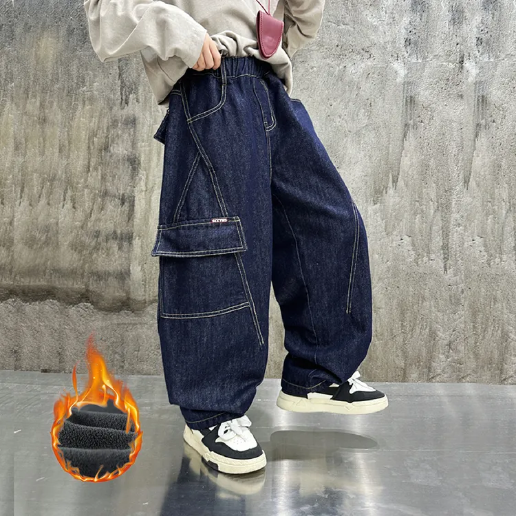 男童加绒牛仔裤2025秋冬装新款儿童男孩冬季一体绒时尚加厚裤子潮