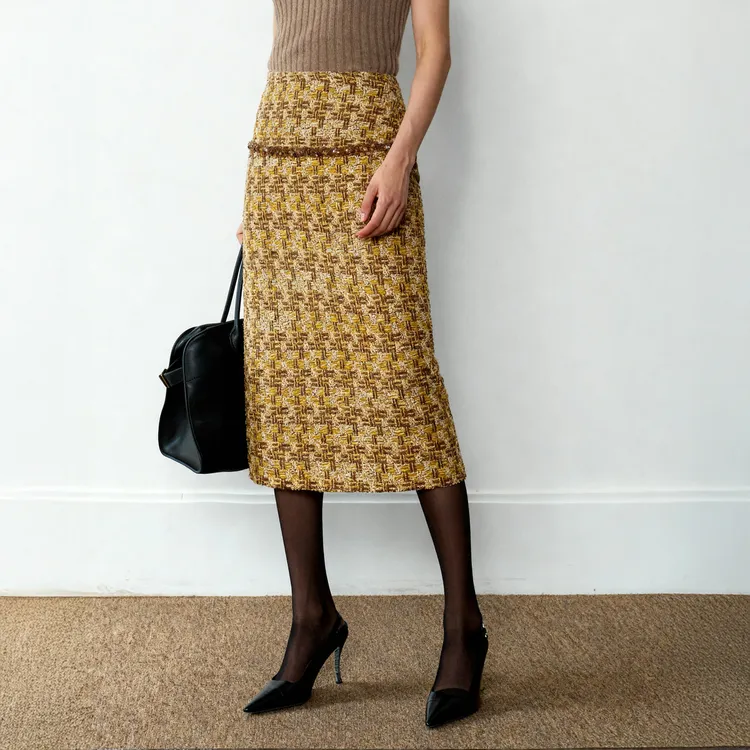 LYNEE【午后红茶】粗花呢小香风半裙女开叉直筒半身裙LGD2FAW217