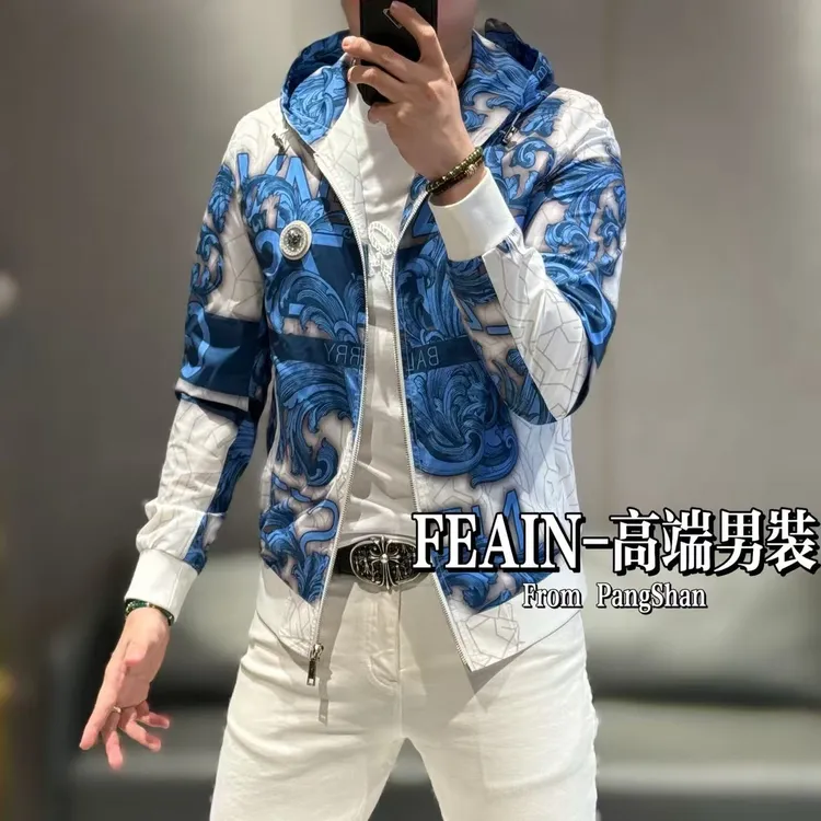 巴洛克宫廷风格奥钻狮子头胸标点缀连帽莱卡春款男士夹克091
