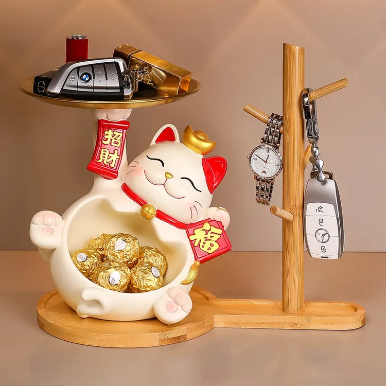 招财猫玄关摆件乔迁新居礼物树脂工艺品高级感钥匙收纳装饰新款