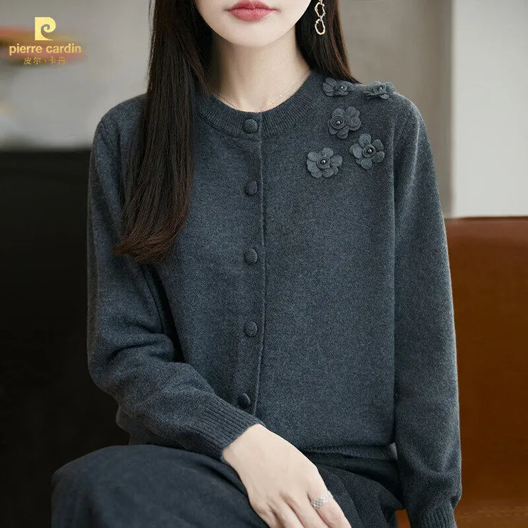 皮尔卡丹秋冬立体绣花针织开衫外套女百搭新款秋冬外搭洋气大码女