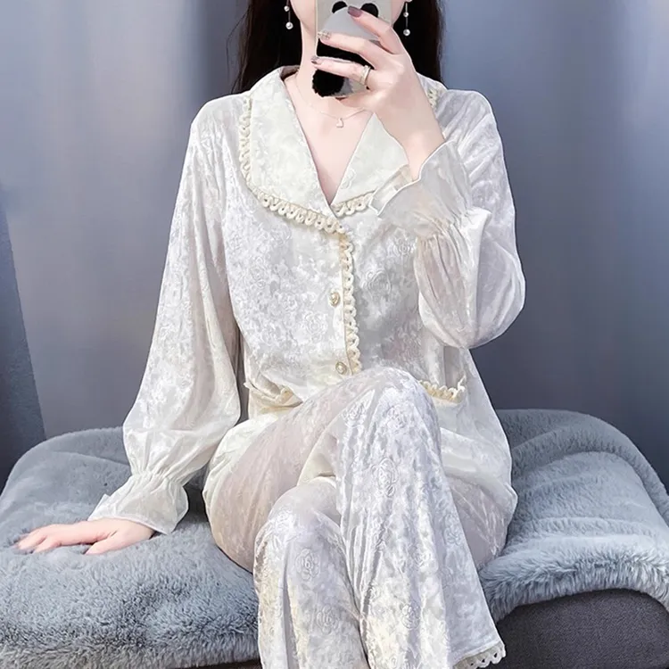 tpvl2025新款法式金钻绒睡衣女秋冬季家居服套装高级感花边可外穿