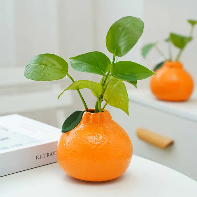 创意橘子花瓶陶瓷水养绿萝水培花盆花器客厅桌面办公桌装饰品摆件