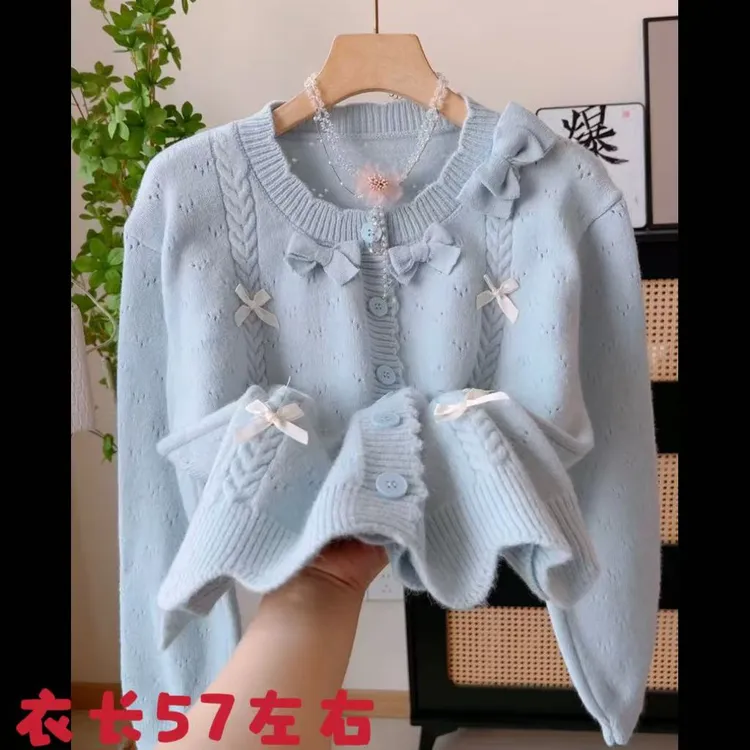 2647粉色甜美立体蝴蝶结针织开衫女秋季新款外搭温柔软糯精致小众
