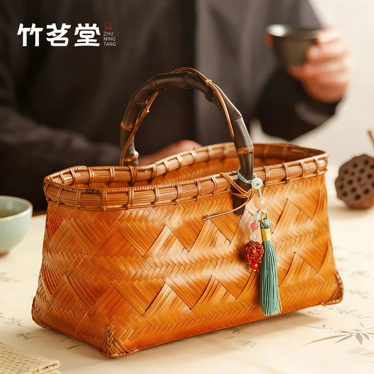 大漆紫竹手提竹编竹篮竹筐水果篮点心篮茶具收纳筐买菜篮购物提篮