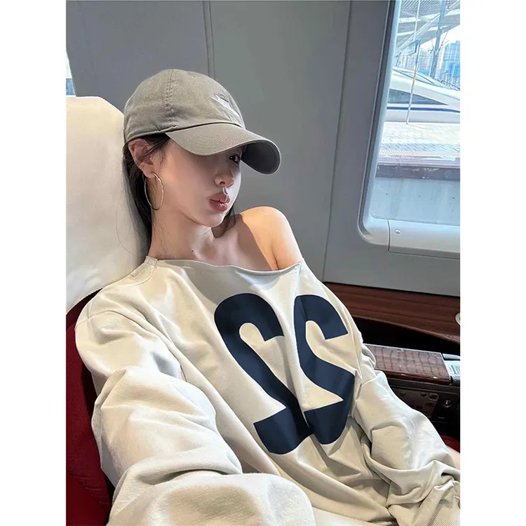 2025春秋季新款美式重磅毛圈棉质斜肩印花卫衣宽松慵懒舒适上衣