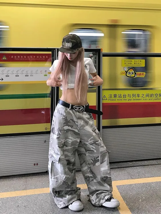 噗入PuRu美式复古街头迷彩工装裤男女宽松休闲直筒阔腿多口袋长裤