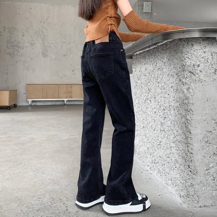 女童裤子秋季2025新款中大童女孩洋气显瘦喇叭复古港风弹力牛仔裤