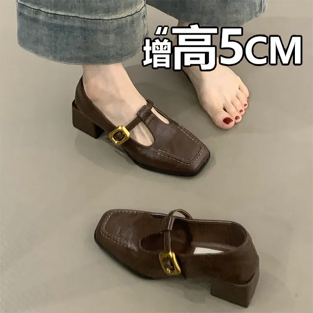复古浅口方头气质单鞋女2025新款时尚粗跟一字扣带软底通勤小单鞋